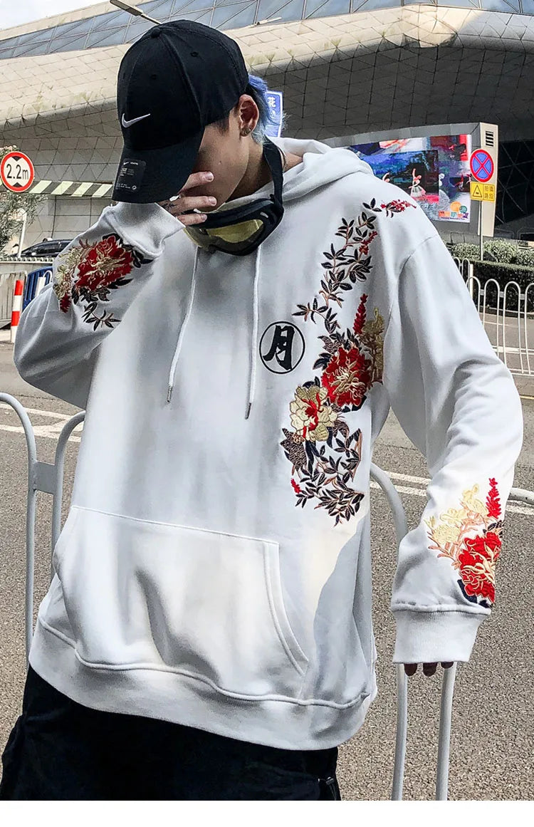 2023 Men Hip Hop Hoodie Sweatshirt Embroidered Floral Full Moon Rabbit Harajuku Streetwear Hoodie Pullover Cotton Autumn Hipster