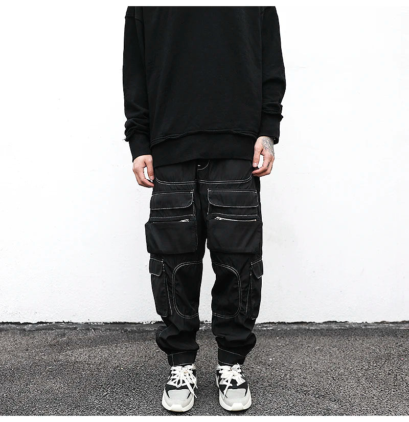men pockets cargo pants new fashion zipper loose fit harajuku military trousers casual hip hop sportswear streetwear black pants unique cargo style 2489