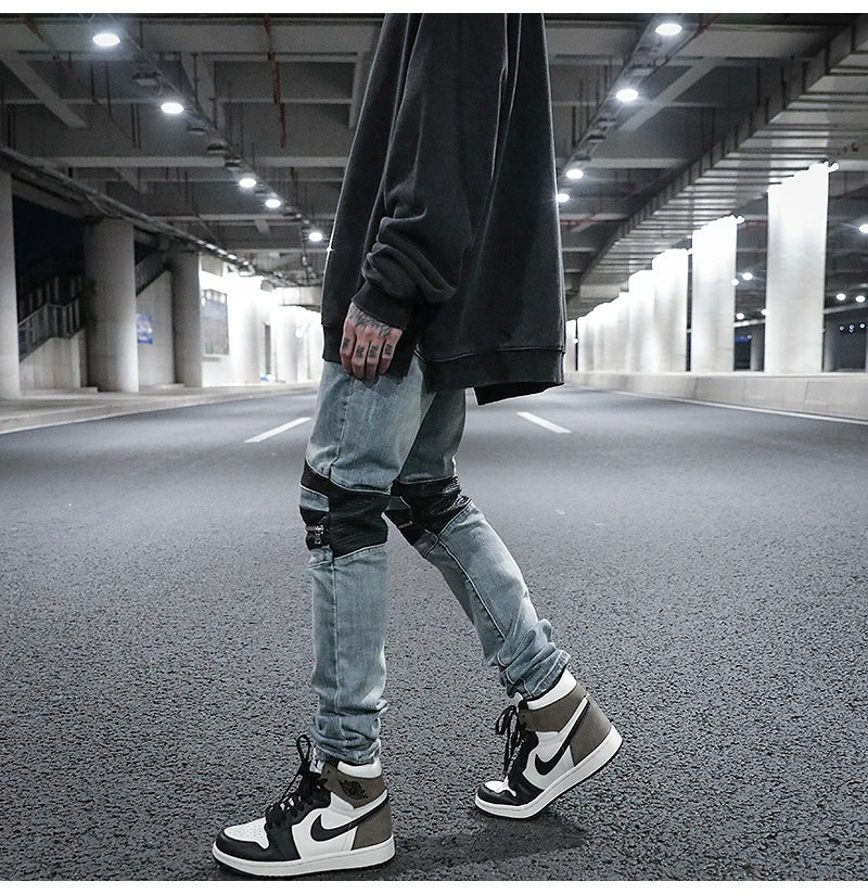 knee zipper hole patckwork skinny denim jeans men casual slim biker trousers jeans fashion streetwear hip hop jean pants joggers unique joggers style 1027