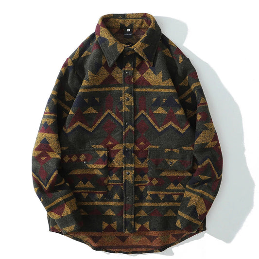 Color Retro Geometric Pattern Men Shirt Thick Casual Baggy Big Pockets High Street Autumn Streetwear