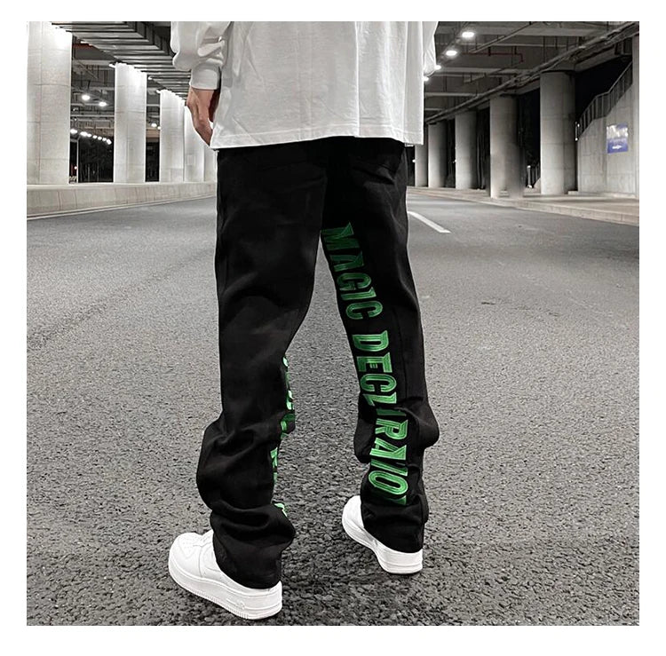 men jeans hip hop letters embroidery denim jeans high street casual loose straight elastic waist joggers hip hop streetwear pant unique joggers style 3862