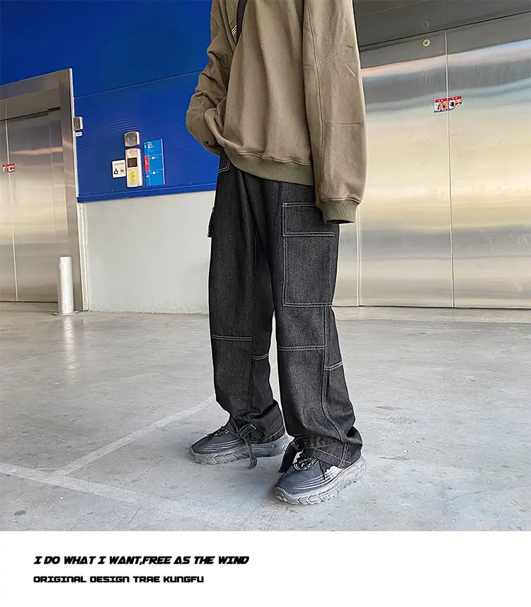 men jeans wide leg denim pants loose straight baggy mens jeans hip hop streetwear skateboard neutral denim trousers cargo jeans unique cargo style 2674