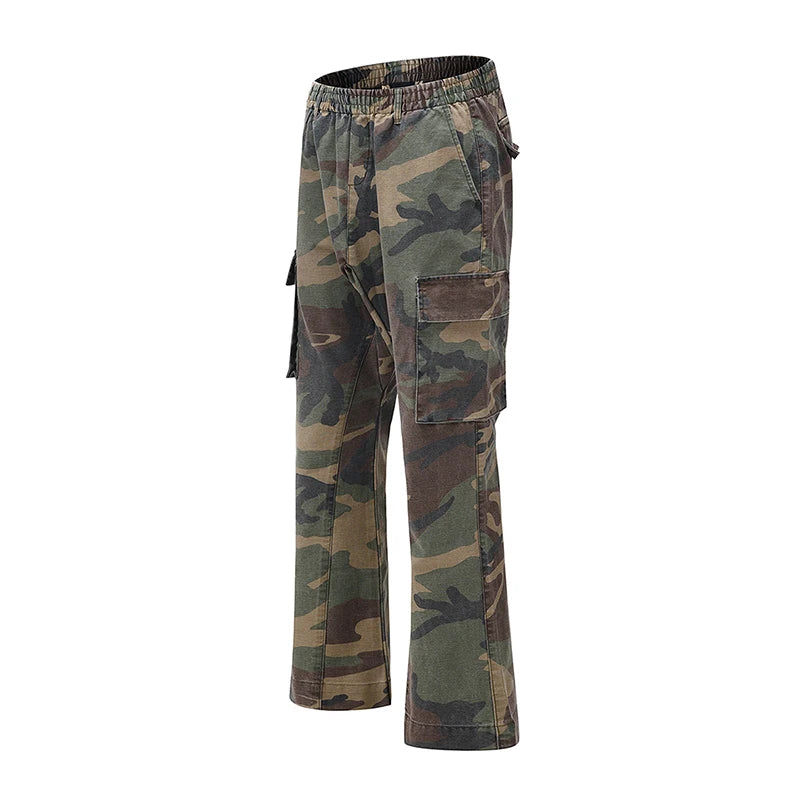 streetwear mens hip hop camouflage flare pants fashionable camo cargo pants male slim fit camouflage trousers women all match unique cargo style 5131
