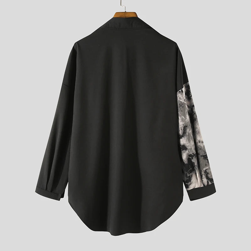 Men Casual Shirt Spring Print Patchwork Lapel Long Sleeve Streetwear Tops 2023 Korean Loose Fashion Shirts Camisas 5XL INCERUN