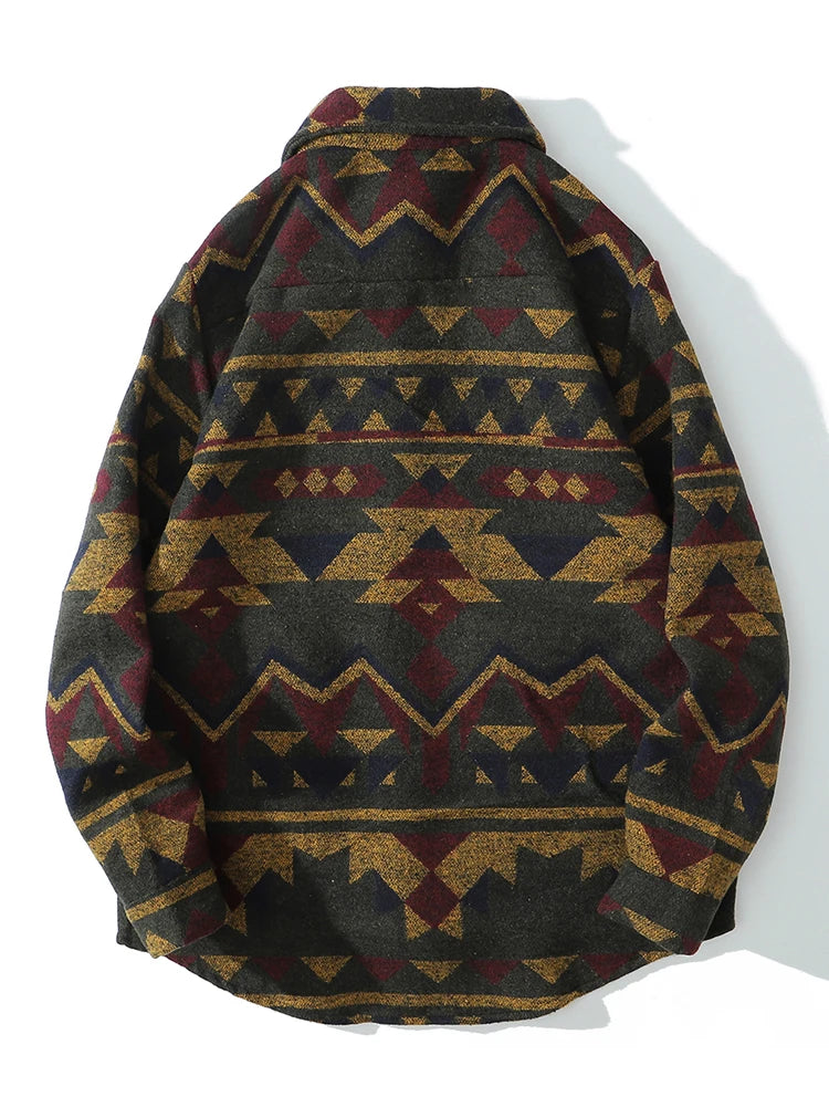 Aolamegs Patchwork Color Retro Geometric Pattern Men Shirt Thick Casual Baggy Big Pockets Harajuku High Street Autumn Streetwear