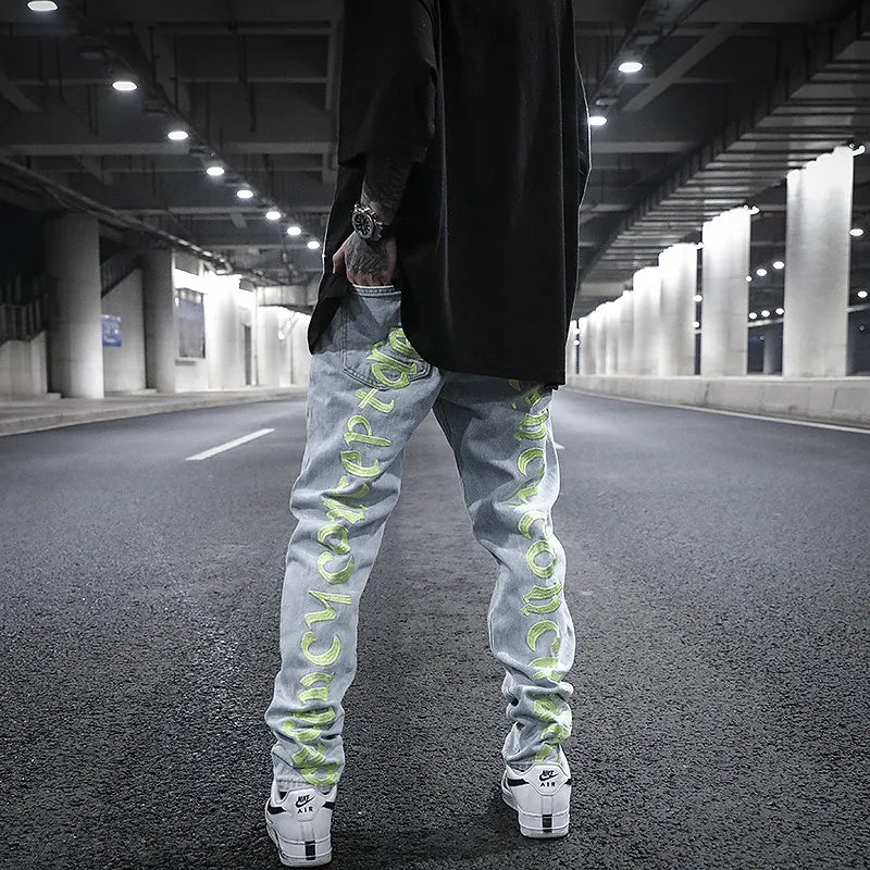 men back letter embroidery denim jean pants fashion slim zipper biker jeans trouser new casual hip hop streetwear pants joggers unique joggers style 1290