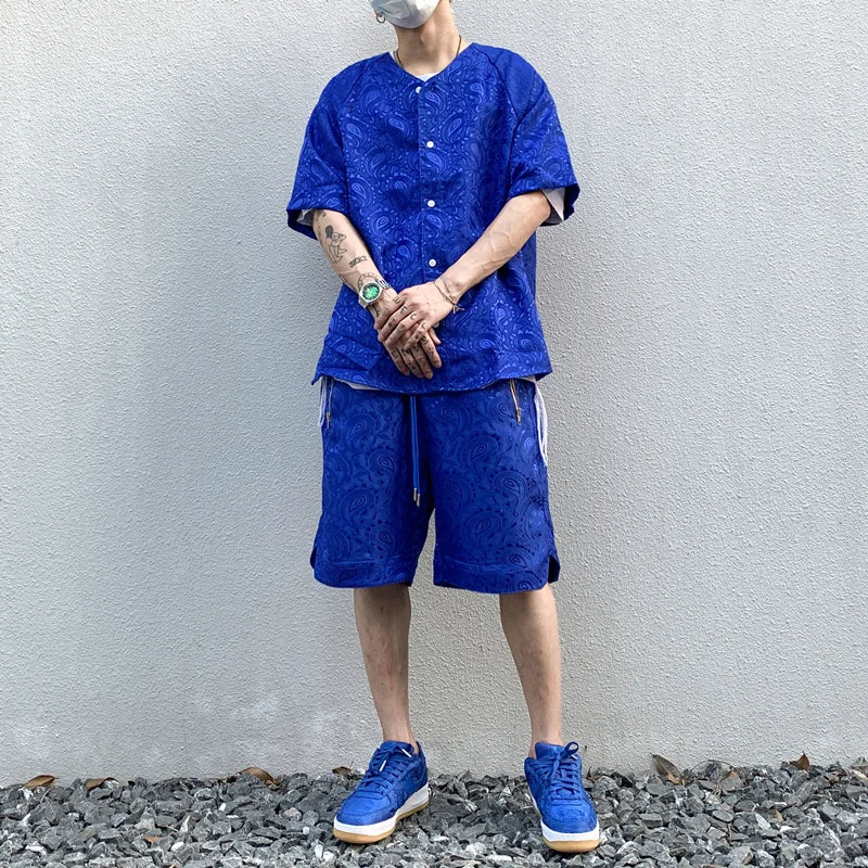 2 Pieces Sets Men Harajuku Pattern Single Breasted Short Sleeve Baseball Shirts and Drewstring Shorts Joggers Streetwear Sets