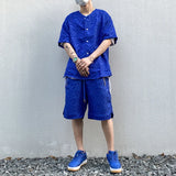 2 Pieces Sets Men Harajuku Pattern Single Breasted Short Sleeve Baseball Shirts and Drewstring Shorts Joggers Streetwear Sets