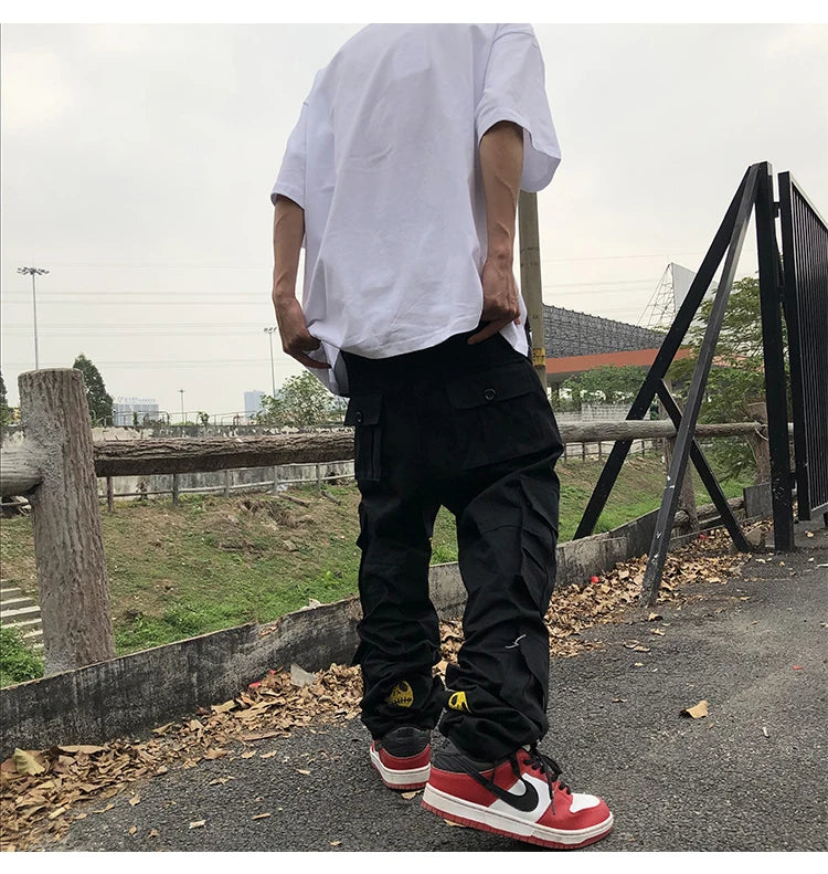 mens high street smilely loose cargo pants casual zipper straight jeans hip hop side pockets loose fit streetwear casual joggers unique joggers style 3490
