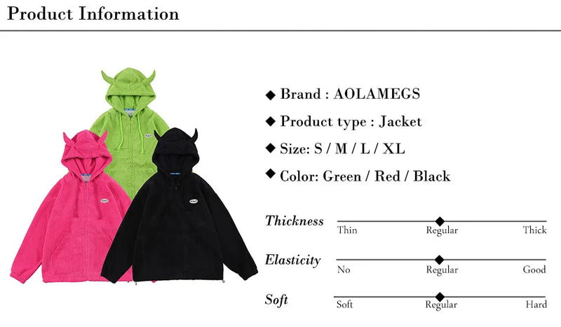 Aolamegs Hoodies Men Twist Knitting Demon Horns Solid Color Zipper Coa