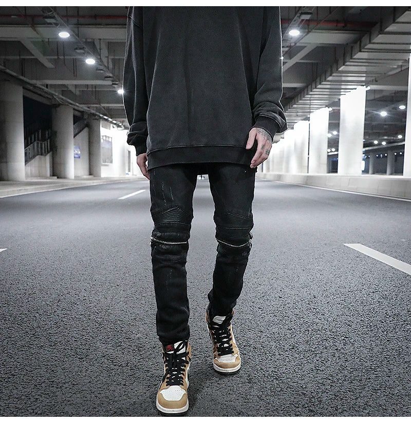 knee zipper hole patckwork skinny denim jeans men casual slim biker trousers jeans fashion streetwear hip hop jean pants joggers unique joggers style 1031