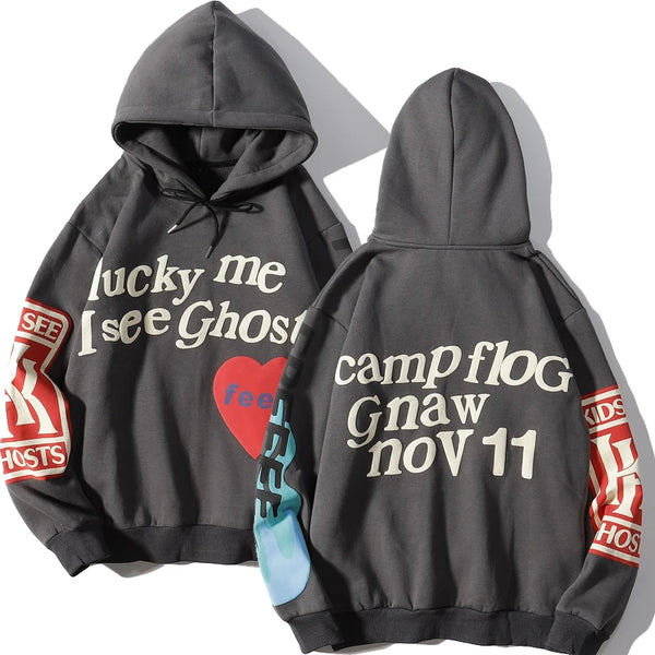 2021 Harajuku Weirdo Graffiti Letter Printed Hoodies Men Lucky Me I Se