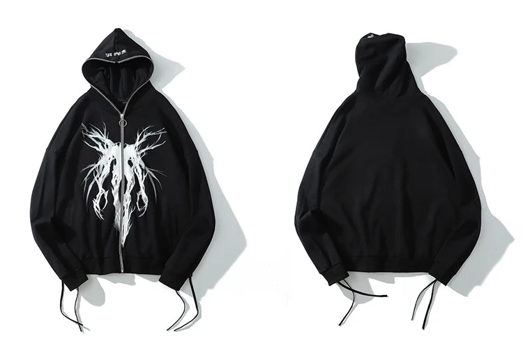 Aolamegs Punk Graphic Print Zipper Ribbon Hooded Hoodie Men Casual Bla