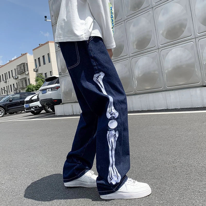 skeleton embroidery straight jean pants couples mopping trousers mens streetwear denim pants mens clothing jeans for men baggy denim street jeans