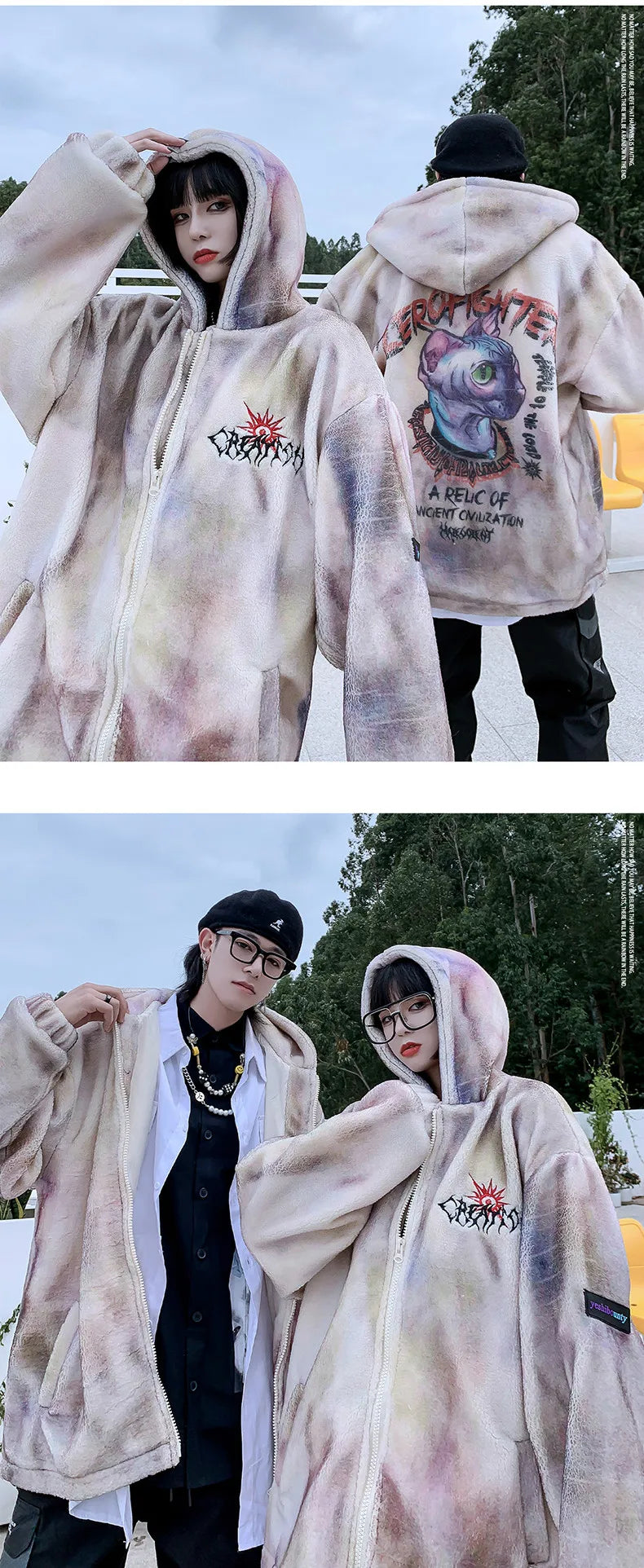 Gothic Oversized Tee – Mens Hip Hop Cats Harajuku Printed Fleece Jackets Coats – Streetwear Fashion for Men & Women