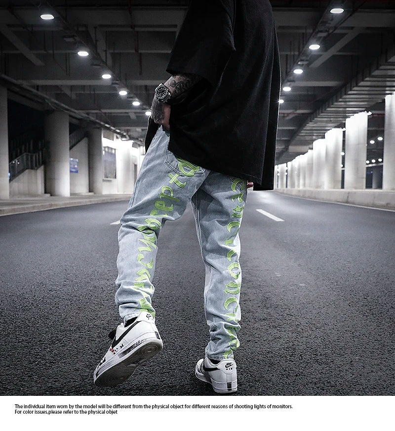 men back letter embroidery denim jean pants fashion slim zipper biker jeans trouser new casual hip hop streetwear pants joggers unique joggers style 1301