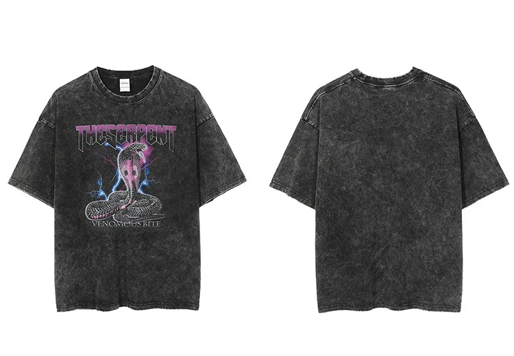 Sadcore Aesthetic print tee – Men Washed T Shirt Hip Hop Streetwear Lightning Snake Print