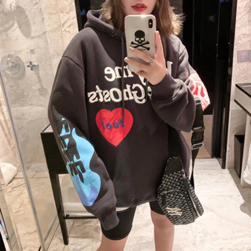 Graffiti Letter Foam Fleece Baggy Sweatshirts Mens Oversized High Street