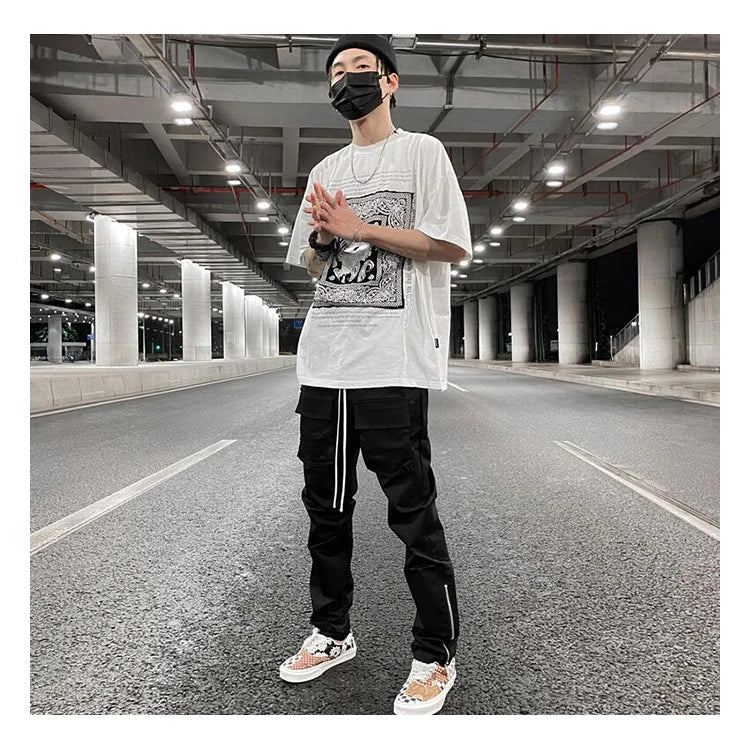 streetwear patchwork cashew flower print cargo pants y2k men hip hop casual functional slim cargo trousers male pocket side zip unique cargo style 4655