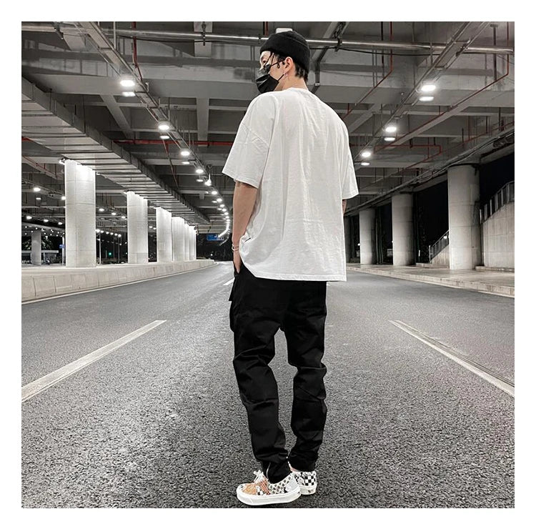 mens high street loose fit elastic waist pants bottom zipper patchwork cargo pants hip hop drawstring sportwear pants joggers unique joggers style 5423