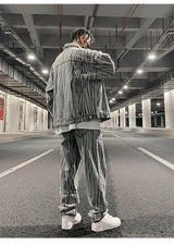 2 pieces sets mens fashion striped single breasted denim jeans jacket coat and zipper straight pants joggers new streetwear sets unique joggers style 3925