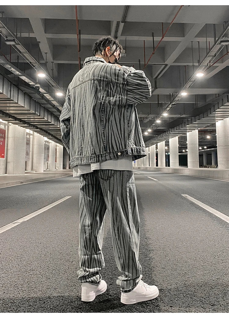 2 pieces sets mens fashion striped single breasted denim jeans jacket coat and zipper straight pants joggers new streetwear sets unique joggers style 3925