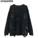 mens hip hop streetwear skull graffiti harajuku sweaters casual knitted sweater ripped holes cotton pullover men jumper sweater - gothic aesthetic hoodie for winter, graphic printed hoodie for men and women, soft fleece-lined outerwear