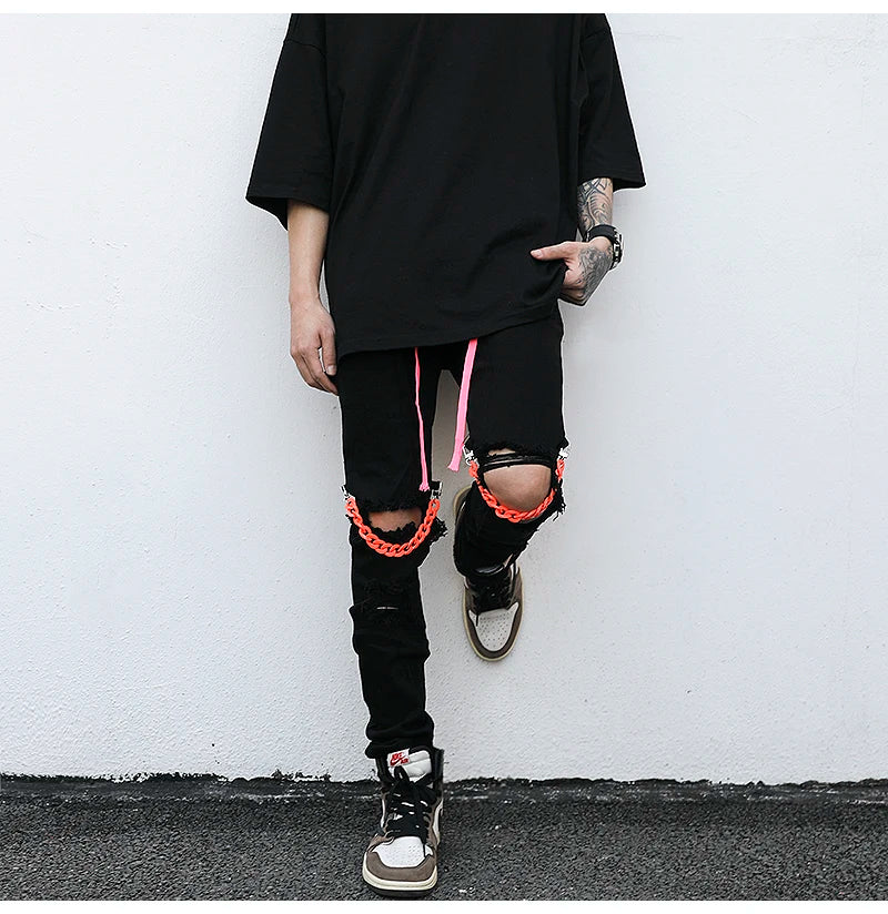 high street knee hole with chain ripped biker jeans mens slim fit denim pants autumn new streetwear casual hip hop pants joggers unique joggers style 4257
