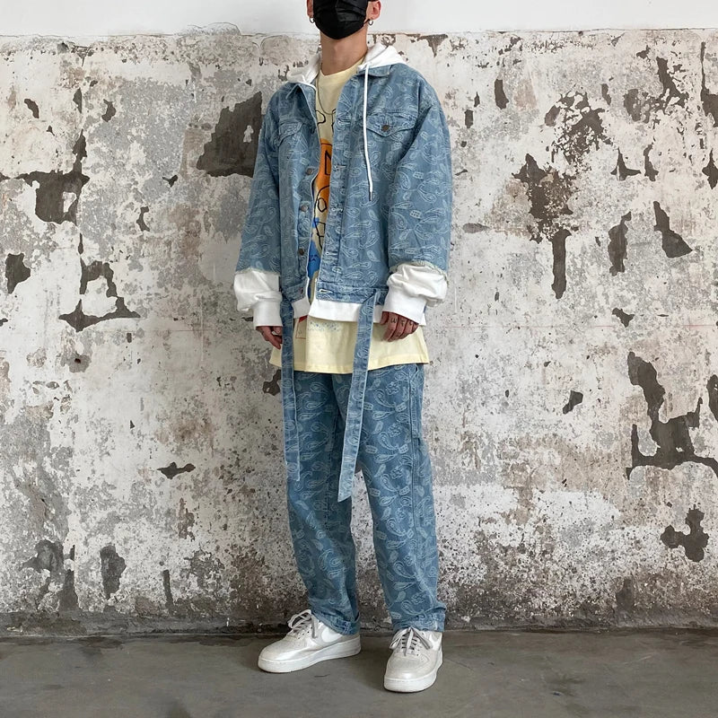 2 pieces sets men fashion patchwork single breast denim jeans hooded jacket coat and loose straight pants joggers streetwear set casual joggers
