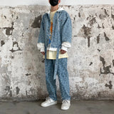 2 pieces sets men fashion patchwork single breast denim jeans hooded jacket coat and loose straight pants joggers streetwear set casual joggers