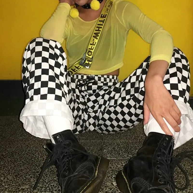 white black plaid joggers pants men hip hop retro checkered casual pants women streetwear fashionable ankle zip sweat pants male unique joggers style 1529