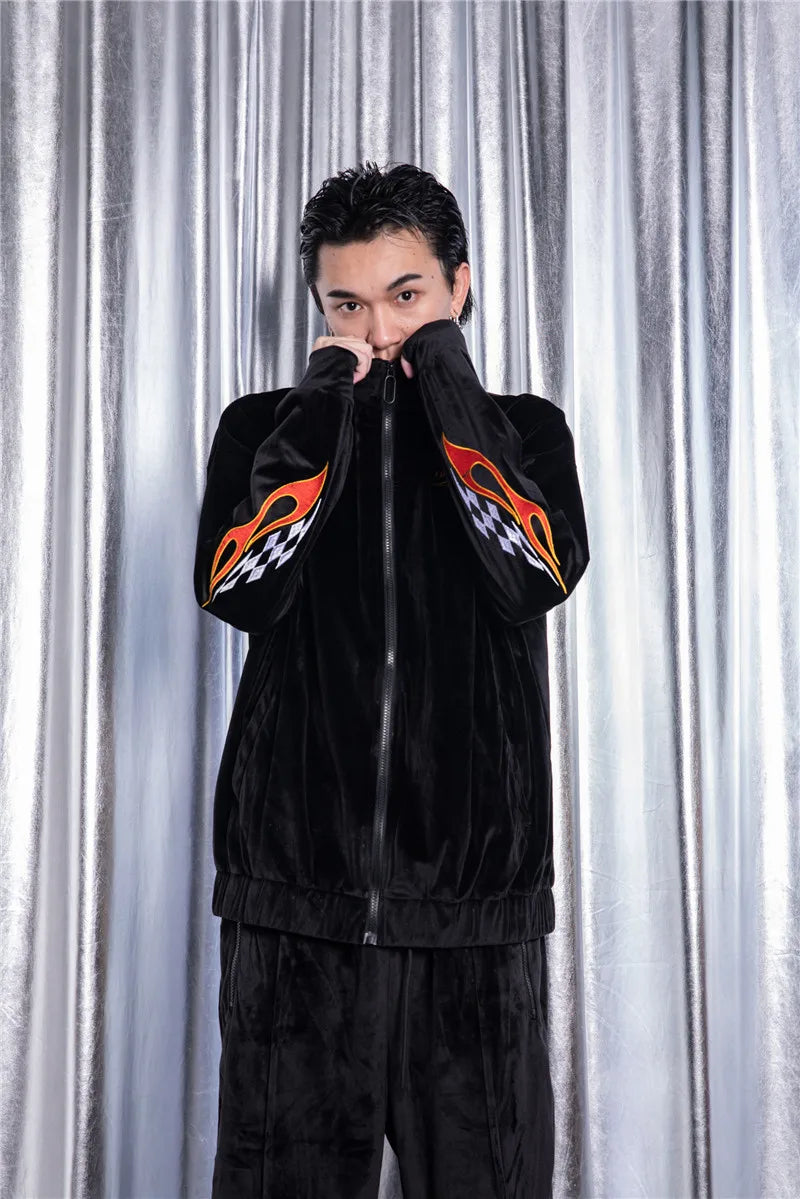 2 pieces set men embroidery velvet zipper jacket and elastic waist loose straight pants sweatsuit hip hop tracksuits sweatsuit unique default style 4309
