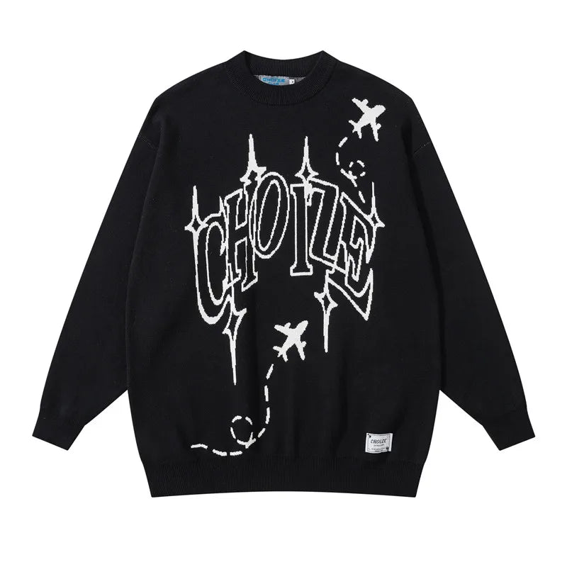 hip hop letter knitted oversize sweater men harajuku o neck long sleeve pullover streetwear casual loose sweater jumper knitwear - graphic printed hoodie for men and women, unisex casual winter pullover, 2025 streetwear drop