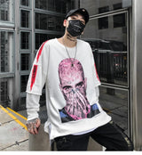 rainbowtouches long sleeve t shirt mens sweater high street fashion hip hop figure print stitching cuff design pattern coats urban wear with bold artwork, trendy hip hop style outerwear, oversized graphic print design
