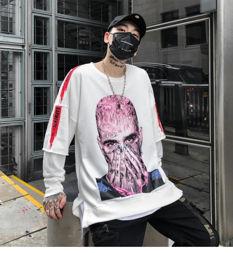 rainbowtouches long sleeve t shirt mens sweater high street fashion hip hop figure print stitching cuff design pattern coats urban wear with bold artwork, trendy hip hop style outerwear, oversized graphic print design