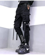 hip hop men ribbons cargo pants fashion harajuku 2023 new elastic waist casual streetwear mens joggers trousers black unique joggers style 3656