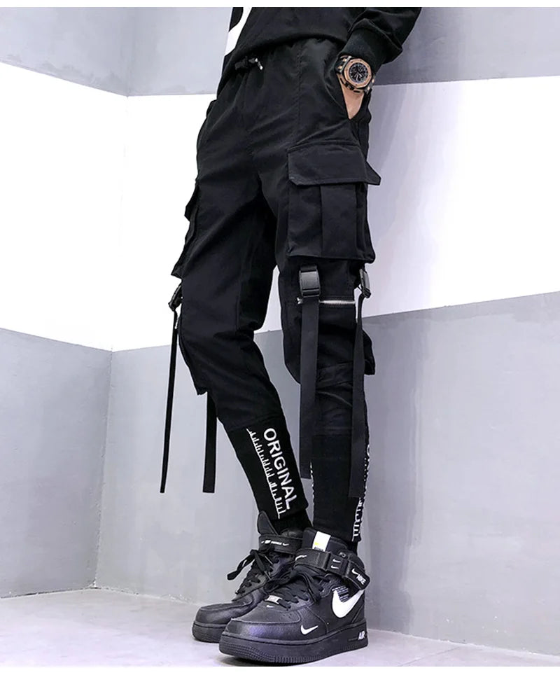 hip hop men ribbons cargo pants fashion harajuku 2023 new elastic waist casual streetwear mens joggers trousers black unique joggers style 3656
