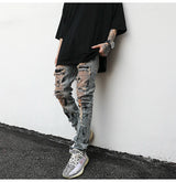 bottom zipper destroyed jeans skinny jeans ripped slim men biker jeans fashion graffiti printed streetwear hip hop pants joggers unique joggers style 654