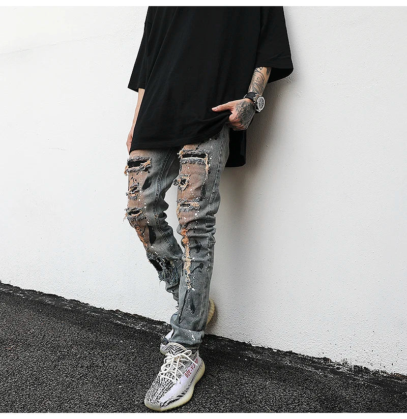 bottom zipper destroyed jeans skinny jeans ripped slim men biker jeans fashion graffiti printed streetwear hip hop pants joggers unique joggers style 654