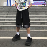 Mens Shorts Hip Hop Stitching Sweat Shorts with Pin Unisex Elastic Waist Loose Straight Streetwear Sports Shorts Casual Shorts
