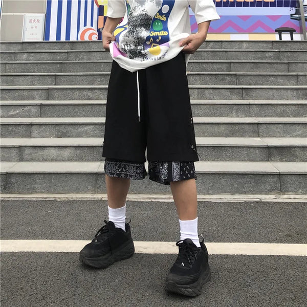 Mens Shorts Hip Hop Stitching Sweat Shorts with Pin Unisex Elastic Waist Loose Straight Streetwear Sports Shorts Casual Shorts