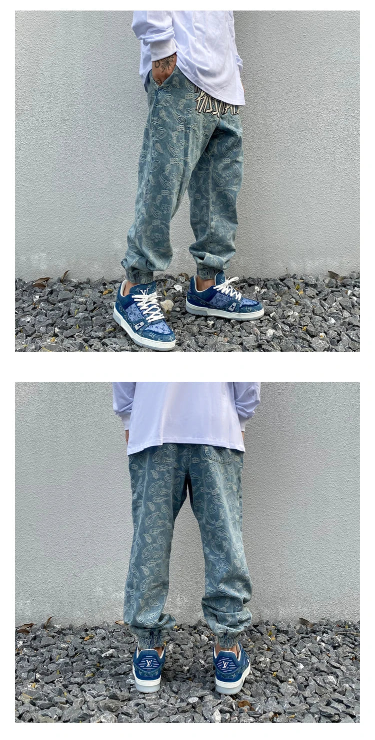 hip hop loose fit elastic waist pants fashion embroidery denim ankle pants mens new casual drewstring sportwear pants joggers unique joggers style 2191