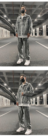 2 pieces sets mens fashion striped single breasted denim jeans jacket coat and zipper straight pants joggers new streetwear sets unique joggers style 3923