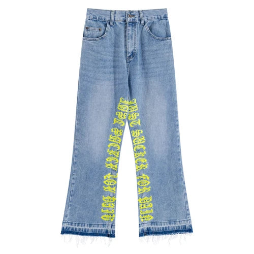 fashion letters embroidery denim flare jeans mens high street elastic waist straight trouser hip hop streetwear pants joggers unique joggers style 4791