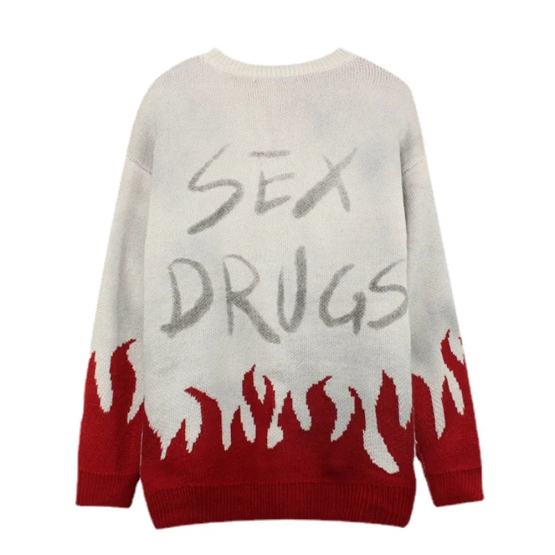 mens sweaters fashion fire harajuku sweaters casual long sleeve knitted sweater ripped holes cotton pullover jumpers man sweater streetwear fashion hoodie, unique limited edition hoodie, trendy hip hop style outerwear