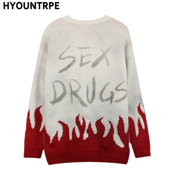 mens sweaters fashion fire harajuku sweaters casual long sleeve knitted sweater ripped holes cotton pullover jumpers man sweater streetwear fashion hoodie, unique limited edition hoodie, trendy hip hop style outerwear