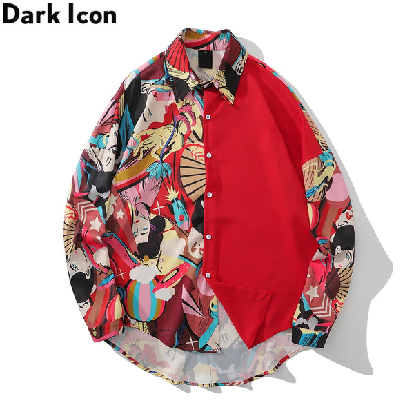 Dark Icon Patchwork Oversized Men's Shirt 2020 Summer Turn-down Collar Loose Shirts Men