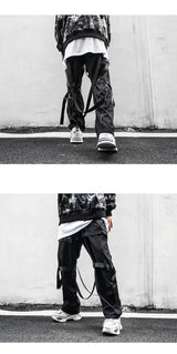 back zipper loose elastic waist cargo pants autumn new streetwear drawstring pants trousers men harajuku twine belts casual pant unique cargo style 4325