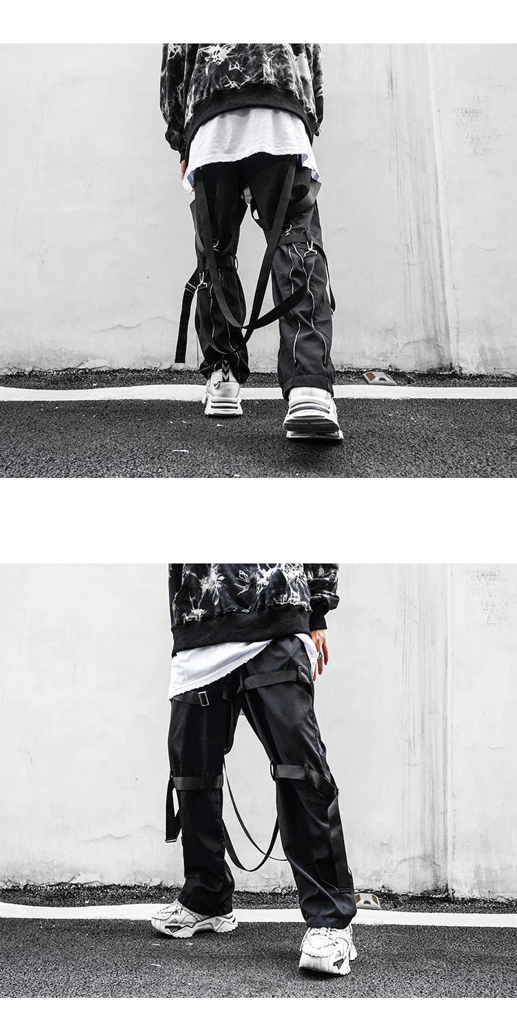 back zipper loose elastic waist cargo pants autumn new streetwear drawstring pants trousers men harajuku twine belts casual pant unique cargo style 4325