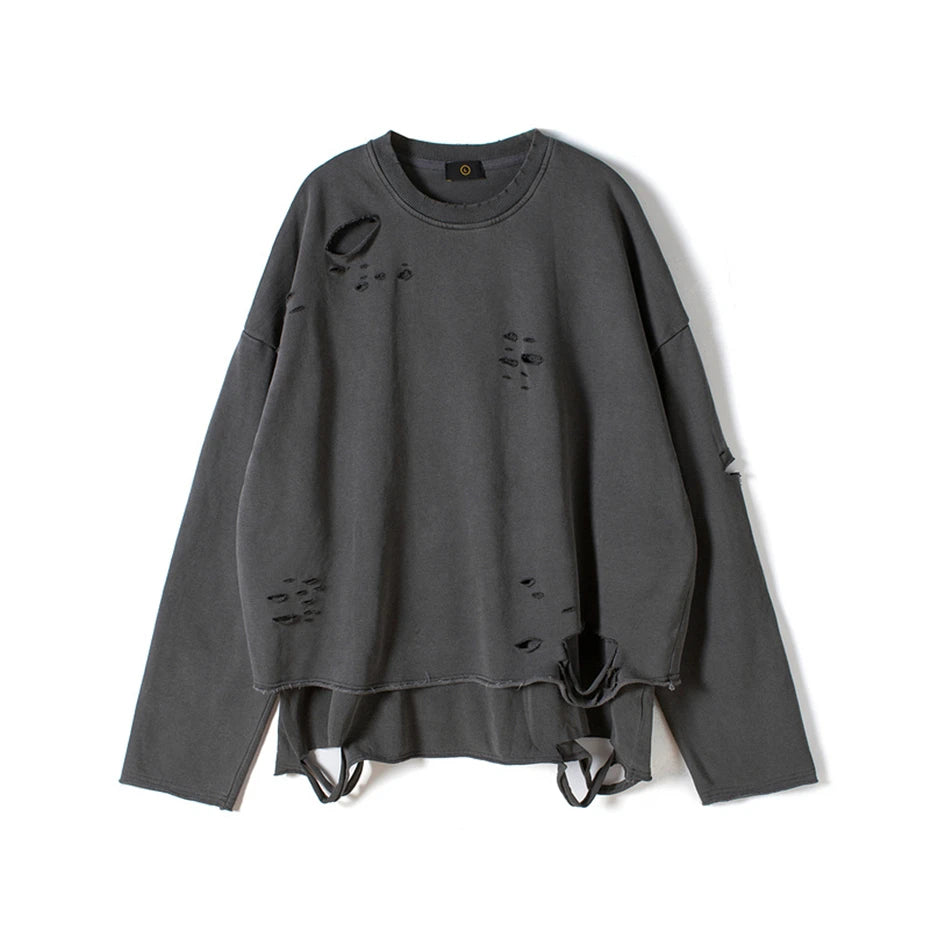 Hip Hop Streetwear Vintage Sweatshirt 2021 Autumn Creative Distressed Destroyed Ripped Holes Pullover Cotton Tops Loose WE301